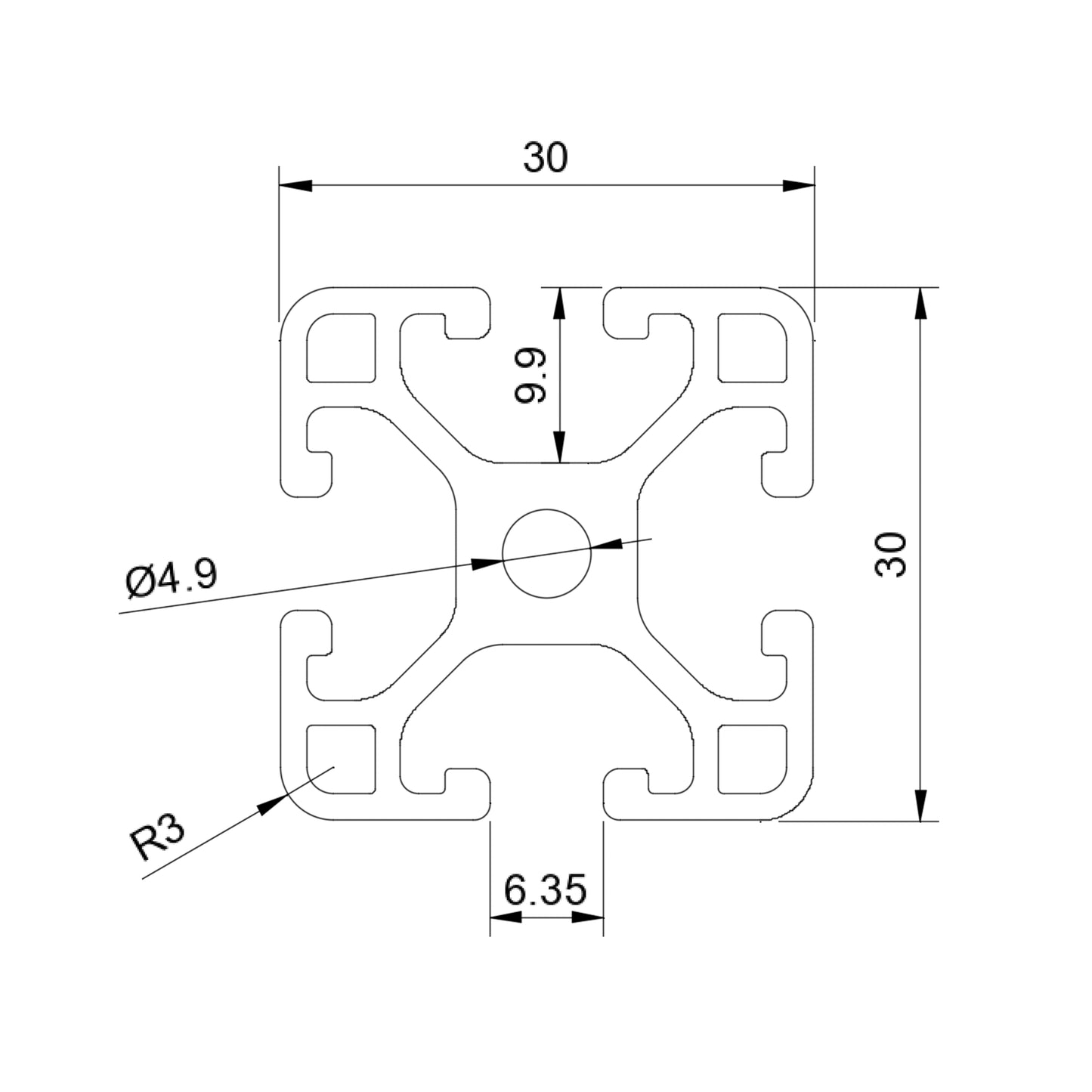 Aluminiumprofil 30x30 Nut 6 I-Typ schwarz 100mm Zuschnitt