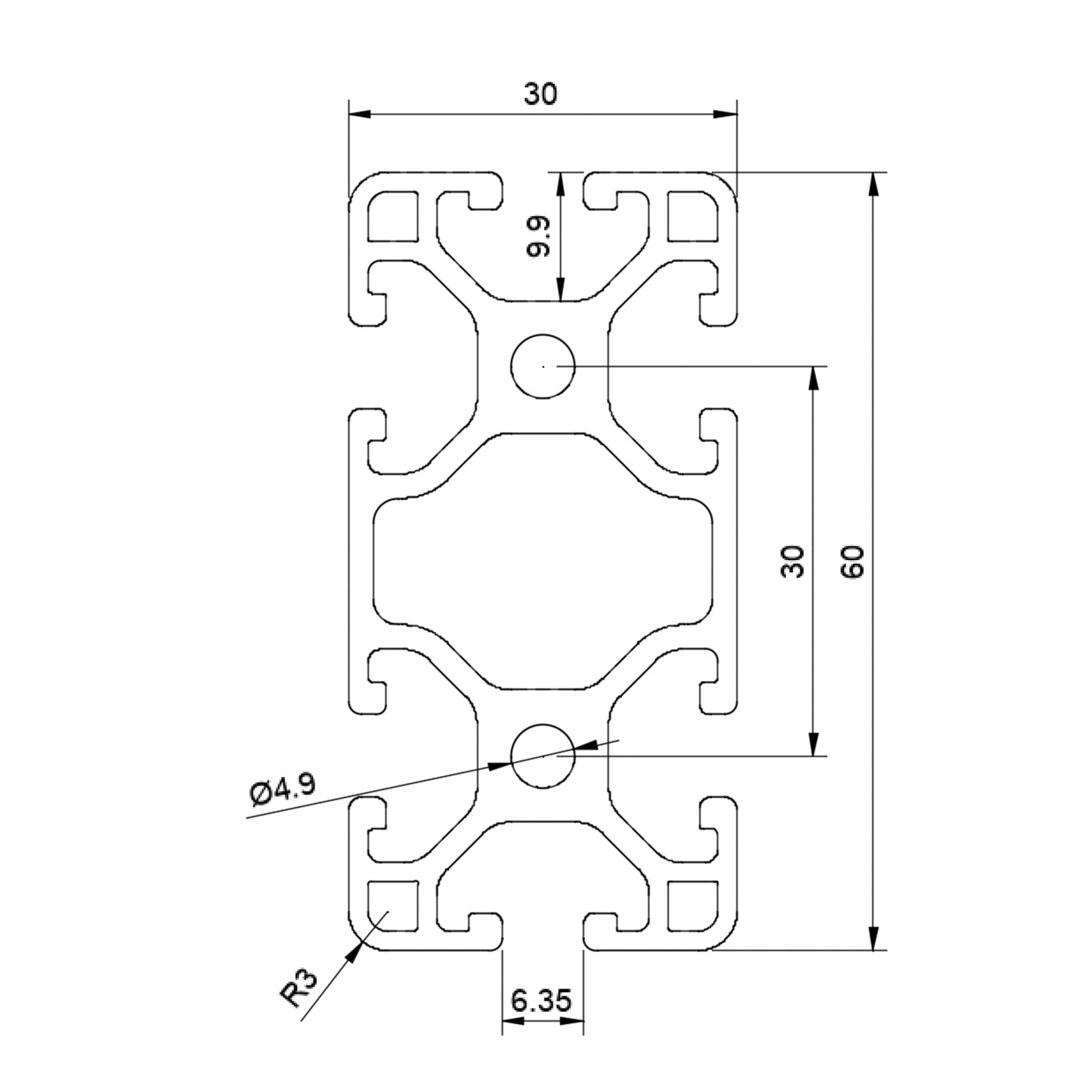 Aluminiumprofil 60x30 Nut 6 I-Typ schwarz 100mm Zuschnitt